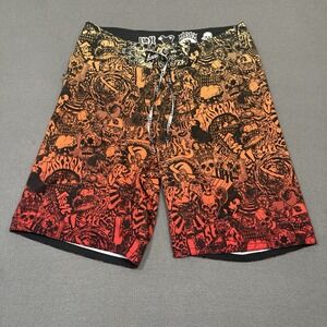 VTG Lost Enterprises Mayhem Black Sheep Board Shorts Size 34 Orange Skull Y2K